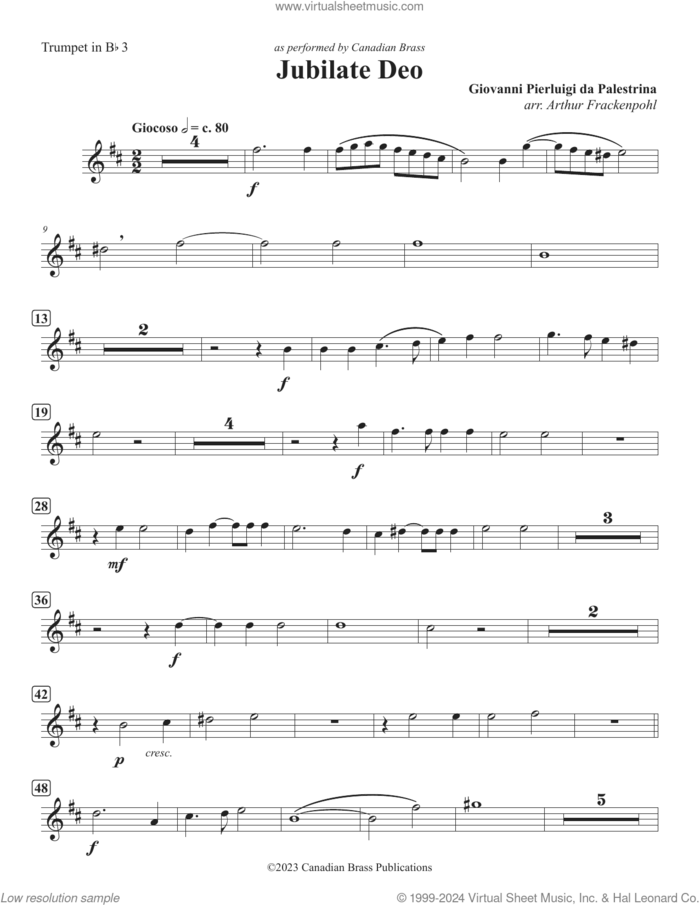 Jubilate Deo (Double Quintet) sheet music for brass quintet (Bb trumpet 3) by Canadian Brass, Arthur Frackenpohl and Giovanni Perluigi Da Palestrina, classical score, intermediate skill level