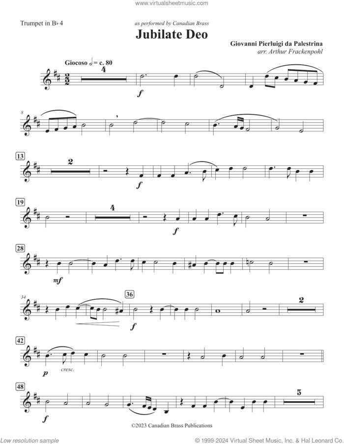 Jubilate Deo (Double Quintet) sheet music for brass quintet (Bb trumpet 4) by Canadian Brass, Arthur Frackenpohl and Giovanni Perluigi Da Palestrina, classical score, intermediate skill level