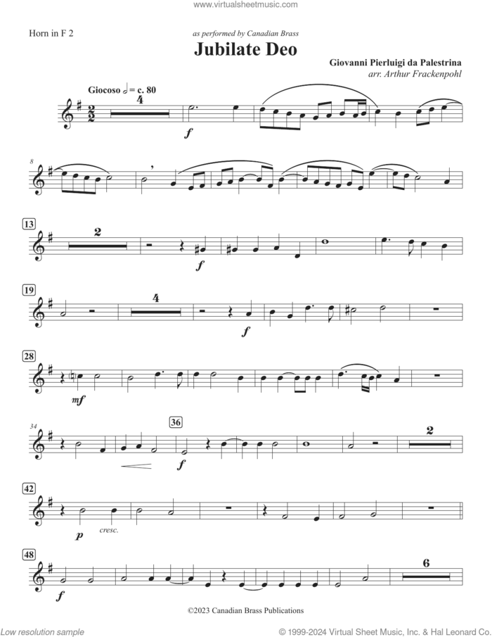 Jubilate Deo (Double Quintet) sheet music for brass quintet (f horn 2) by Canadian Brass, Arthur Frackenpohl and Giovanni Perluigi Da Palestrina, classical score, intermediate skill level