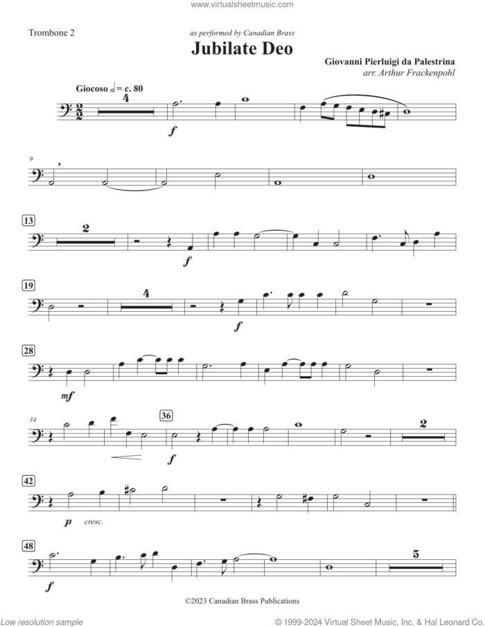 Jubilate Deo (Double Quintet) sheet music for brass quintet (trombone 2) by Canadian Brass, Arthur Frackenpohl and Giovanni Perluigi Da Palestrina, classical score, intermediate skill level