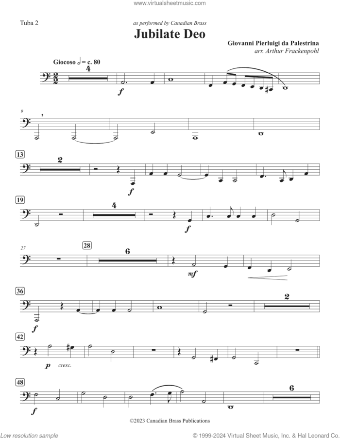 Jubilate Deo (Double Quintet) sheet music for brass quintet (tuba 2) by Canadian Brass, Arthur Frackenpohl and Giovanni Perluigi Da Palestrina, classical score, intermediate skill level