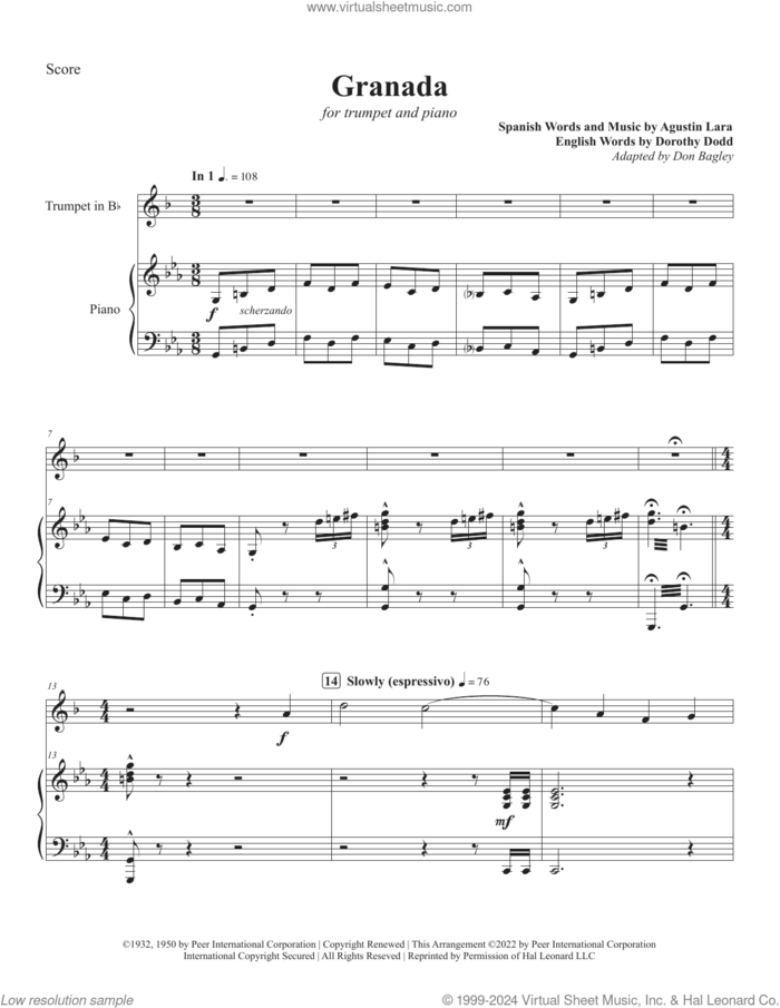 Granada sheet music for trumpet and piano by Canadian Brass, Don Bagley and Agustin Lara, classical score, intermediate skill level