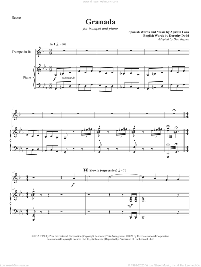 Granada sheet music for trumpet and piano by Canadian Brass, Don Bagley and Agustin Lara, classical score, intermediate skill level