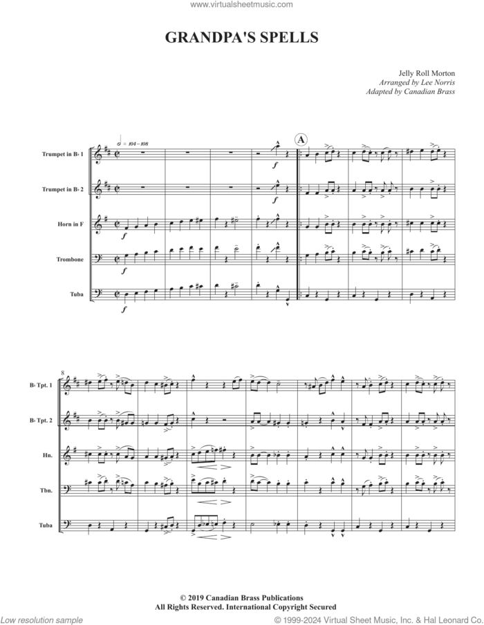 Grandpa's Spells (COMPLETE) sheet music for brass quintet by Canadian Brass, Jelly Roll Morton and Lee Norris, intermediate skill level