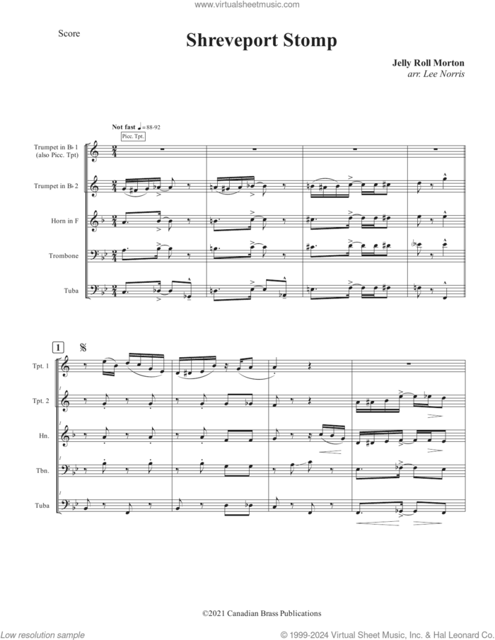 Shreveport Stomp (COMPLETE) sheet music for brass ensemble by Canadian Brass, Jelly Roll Morton and Lee Norris, intermediate skill level