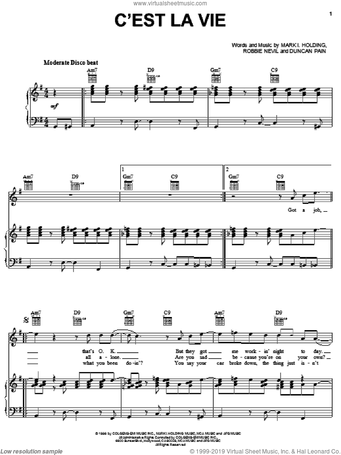 C'est La Vie sheet music for voice, piano or guitar by Robbie Nevil, Duncan Pain and Mark Holding, intermediate skill level