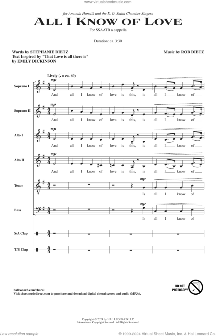 All I Know Of Love sheet music for choir (SSAATB) by Rob Dietz, Emily Dickinson and Stephanie Dietz, intermediate skill level