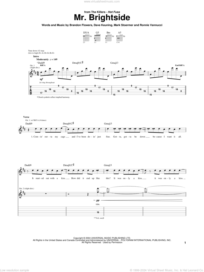 Mr. Brightside sheet music for guitar (tablature) by The Killers, Brandon Flowers, Dave Keuning, Mark Stoermer and Ronnie Vannucci, intermediate skill level