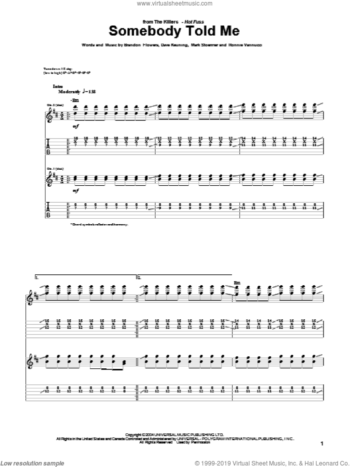 Somebody Told Me sheet music for guitar (tablature) by The Killers, Brandon Flowers, Dave Keuning, Mark Stoermer and Ronnie Vannucci, intermediate skill level