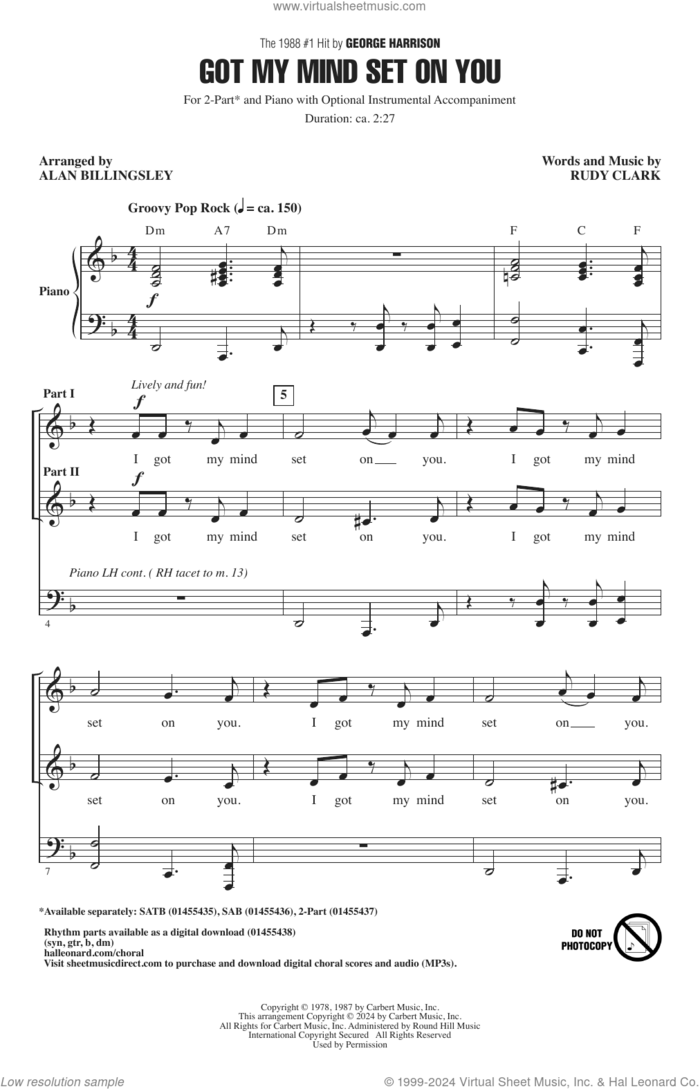 Got My Mind Set On You (arr. Alan Billingsley) sheet music for choir (2-Part) by George Harrison, Alan Billingsley and Rudy Clark, intermediate duet