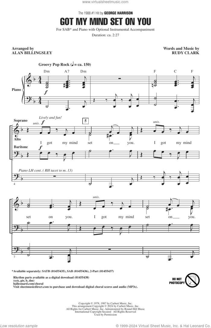 Got My Mind Set On You (arr. Alan Billingsley) sheet music for choir (SAB: soprano, alto, bass) by George Harrison, Alan Billingsley and Rudy Clark, intermediate skill level