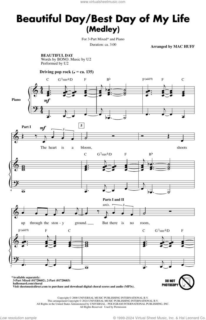 Beautiful Day/Best Day Of My Life (Medley) sheet music for choir (3-Part Mixed) by U2, Mac Huff, American Authors, Aaron Accetta, David Rublin, James Adam Shelley, Matthew Sanchez, Shep Goodman, Zachary Barnett and Bono, intermediate skill level