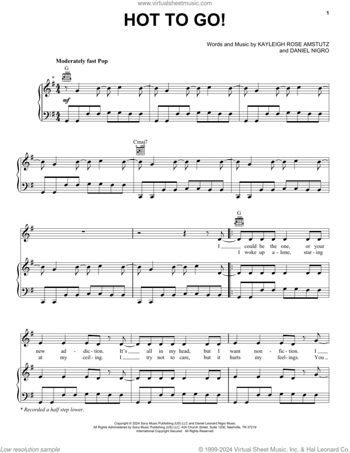 HOT TO GO! sheet music for voice, piano or guitar by Chappell Roan, Daniel Nigro and Kayleigh Rose Amstutz, intermediate skill level