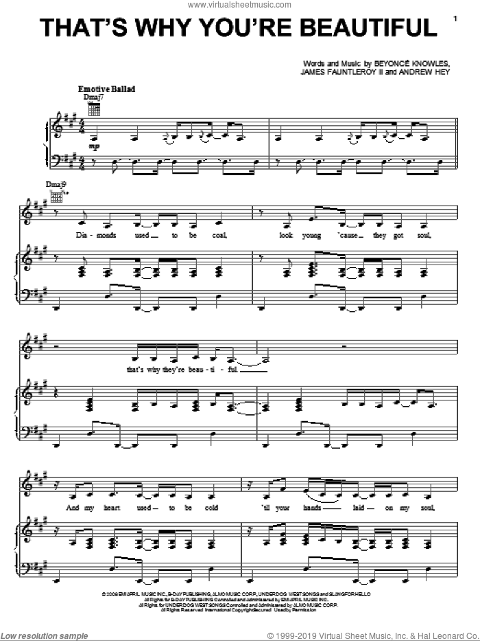 That's Why You're Beautiful sheet music for voice, piano or guitar by Beyonce, Andrew Hey and James Fauntleroy, intermediate skill level