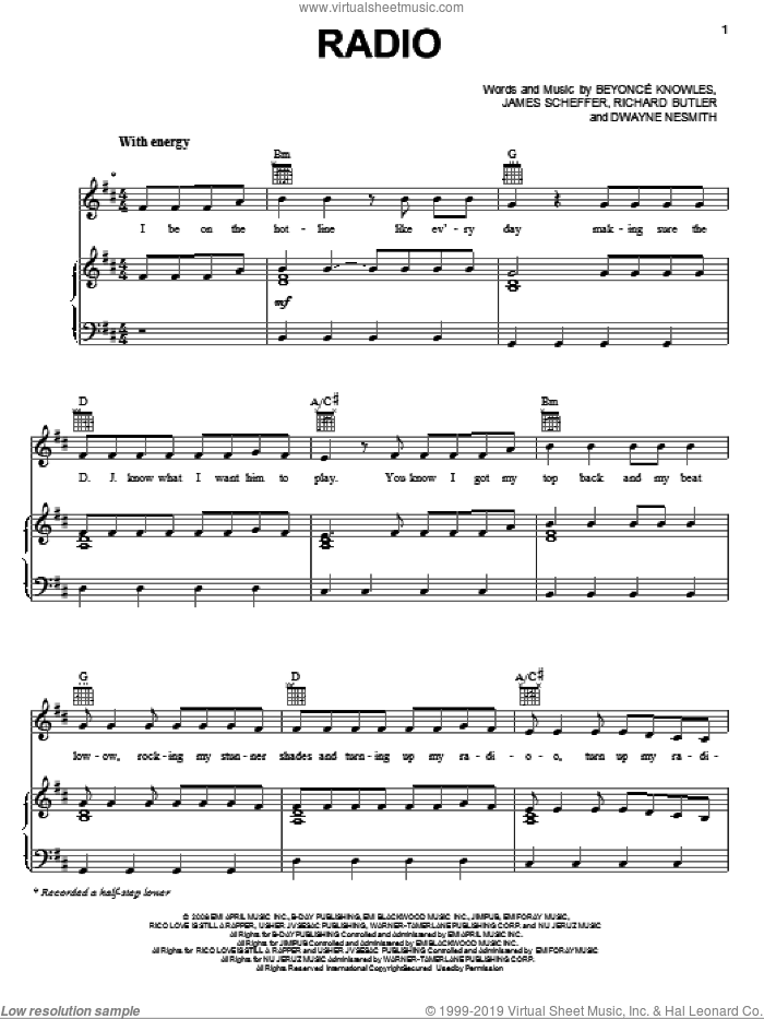 Radio sheet music for voice, piano or guitar by Beyonce, Dwayne Nesmith, James Scheffer and Richard Butler, intermediate skill level