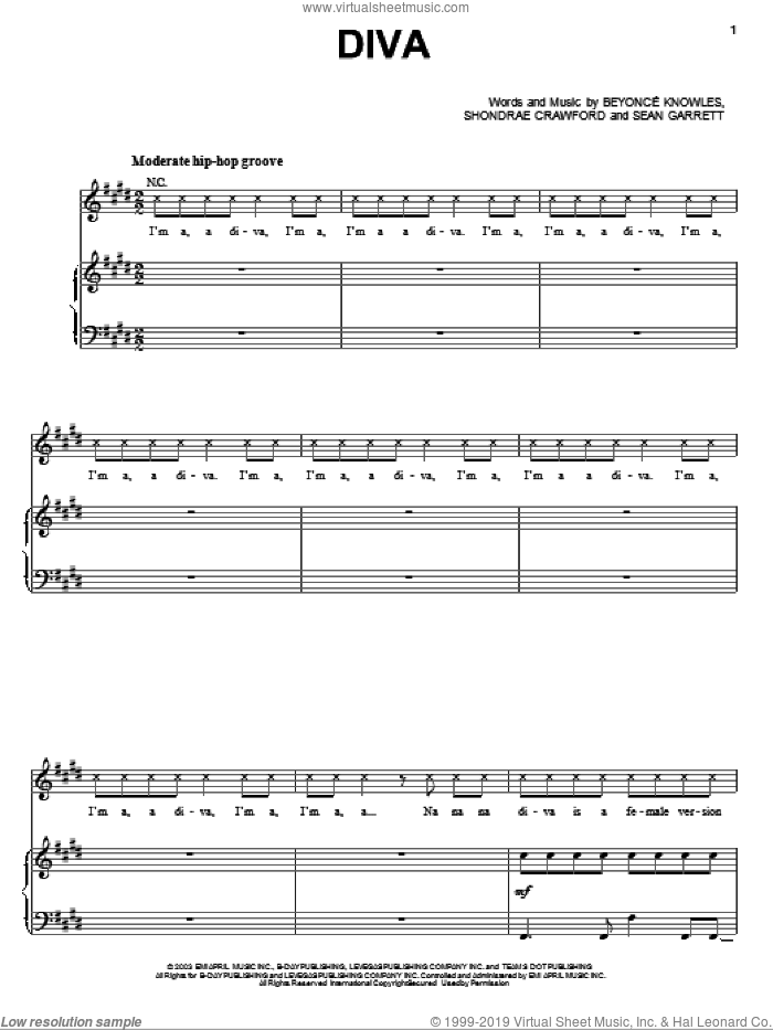 Diva sheet music for voice, piano or guitar by Beyonce, Sean Garrett and Shondrae Crawford, intermediate skill level