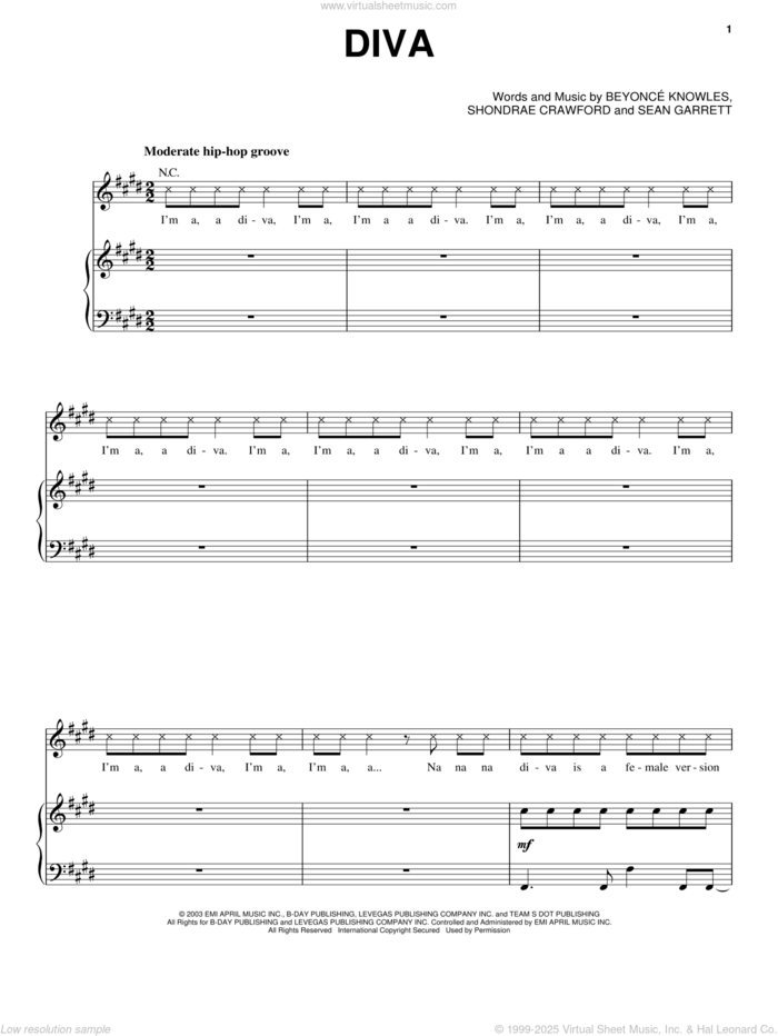 Diva sheet music for voice, piano or guitar by Beyonce, Sean Garrett and Shondrae Crawford, intermediate skill level