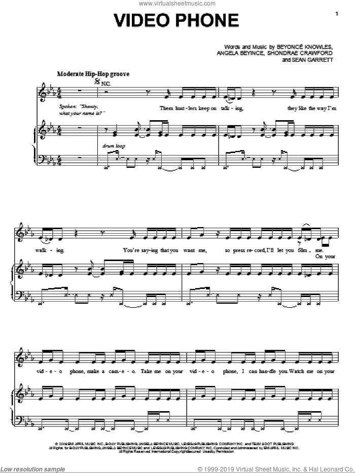 Video Phone sheet music for voice, piano or guitar by Beyonce, Angela Beyince, Sean Garrett and Shondrae Crawford, intermediate skill level