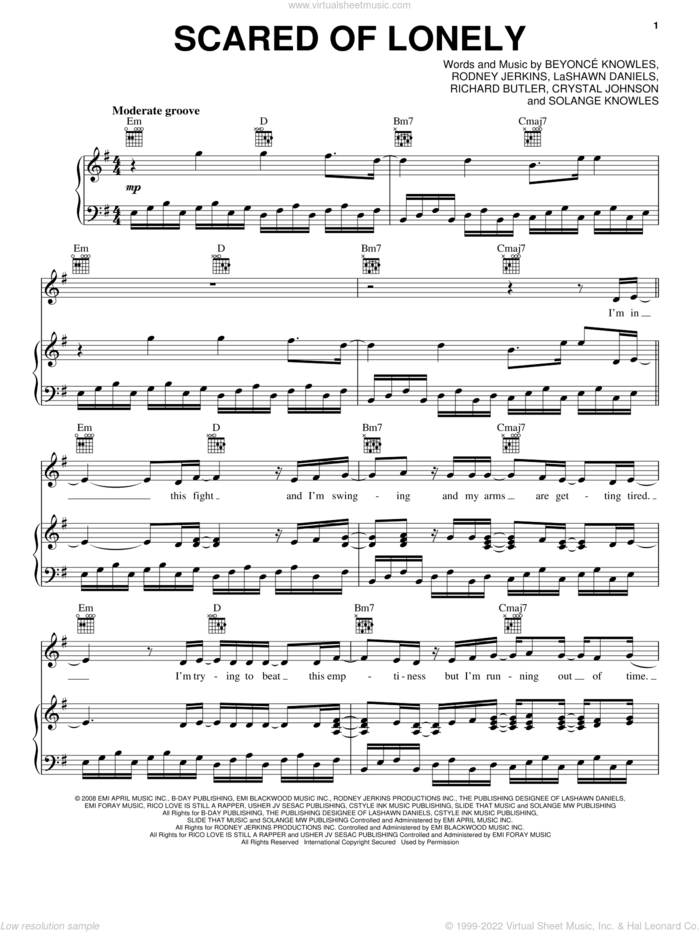 Scared Of Lonely sheet music for voice, piano or guitar by Beyonce, Crystal Johnson, LaShawn Daniels, Richard Butler, Rodney Jerkins and Solange Knowles, intermediate skill level