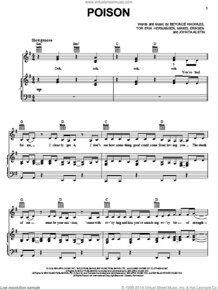 Poison sheet music for voice, piano or guitar by Beyonce, Johnta Austin, Mikkel Eriksen and Tor Erik Hermansen, intermediate skill level