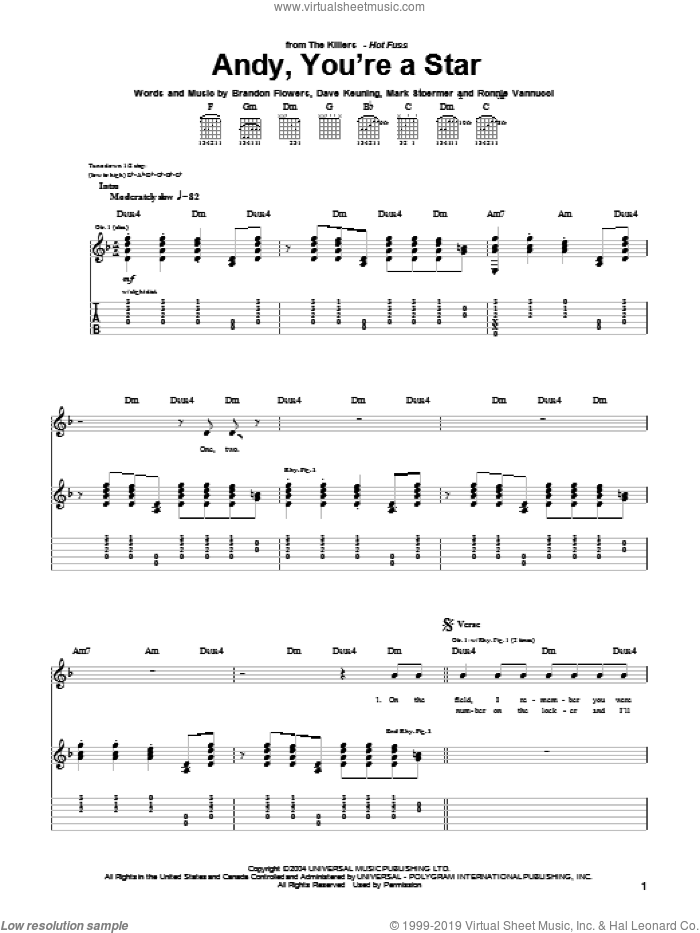 Andy, You're A Star sheet music for guitar (tablature) by The Killers, Brandon Flowers, Dave Keuning, Mark Stoermer and Ronnie Vannucci, intermediate skill level