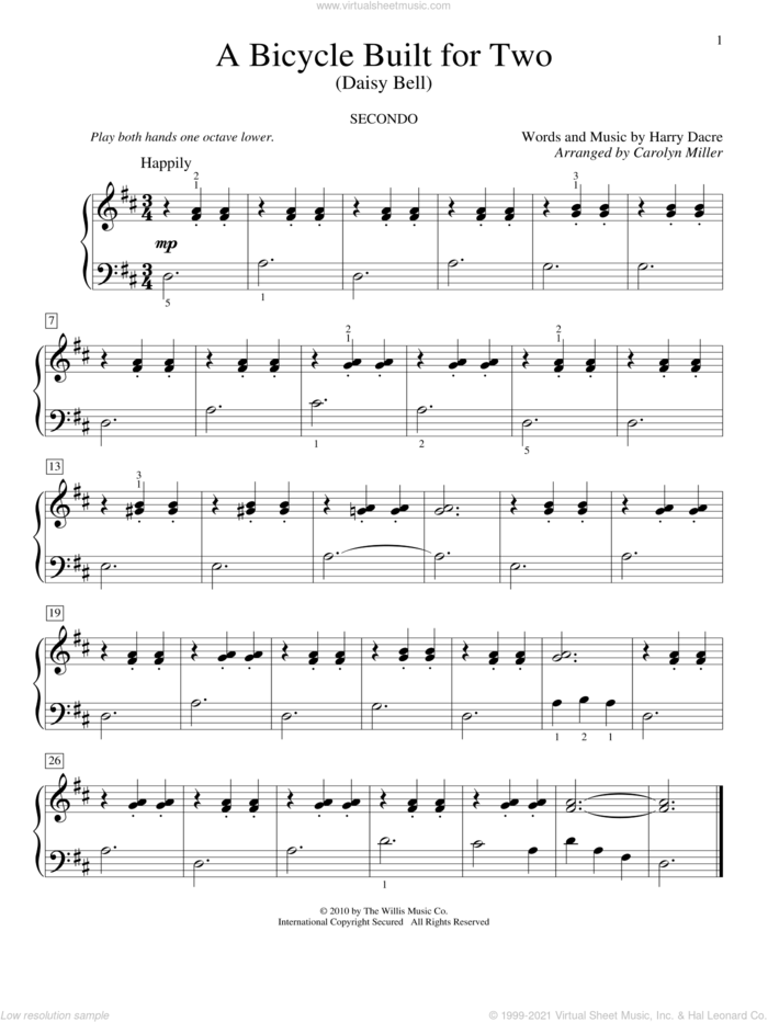 A Bicycle Built For Two (Daisy Bell) sheet music for piano four hands by Harry Dacre and Carolyn Miller, intermediate skill level
