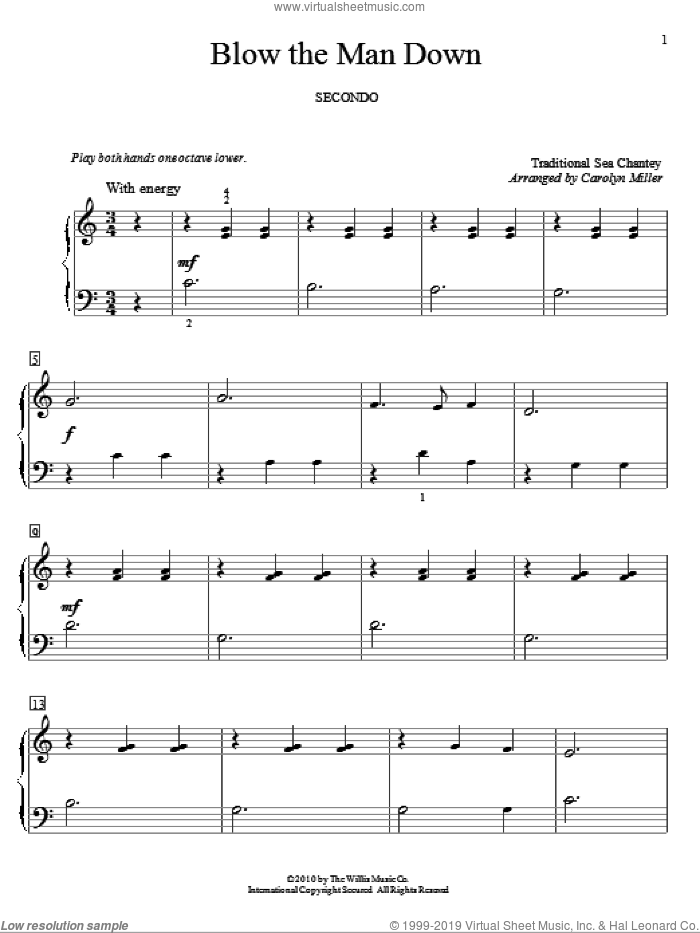 Blow The Man Down sheet music for piano four hands  and Carolyn Miller, intermediate skill level