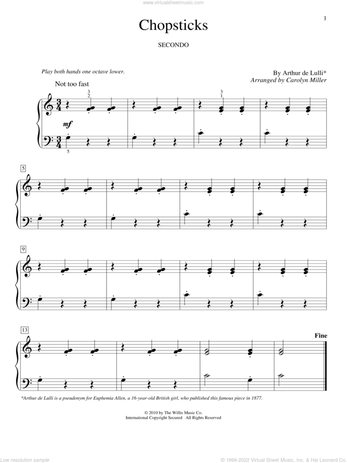 Chopsticks sheet music for piano four hands by Arthur de Lulli and Carolyn Miller, intermediate skill level