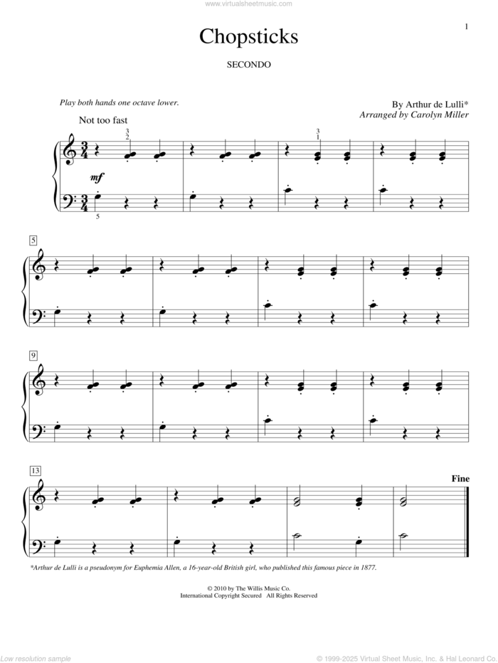 Chopsticks sheet music for piano four hands by Arthur de Lulli and Carolyn Miller, intermediate skill level