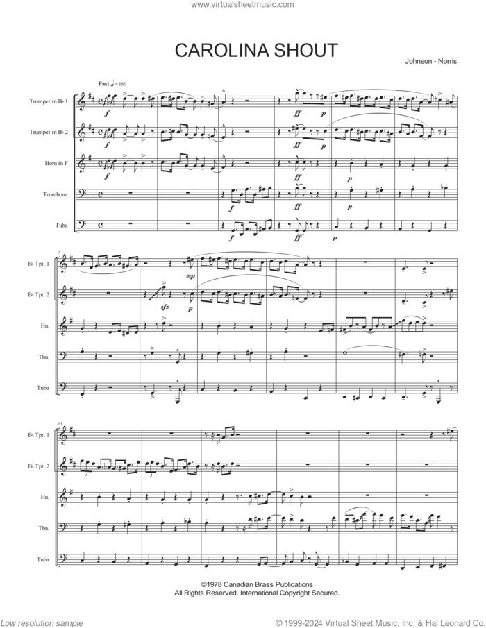 Carolina Shout (COMPLETE) sheet music for brass quintet by Canadian Brass, James Johnson and Norris, intermediate skill level