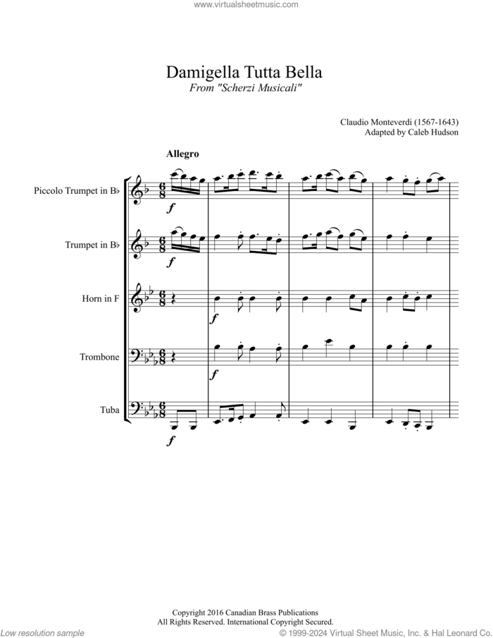 Damigella Tutta Bella (COMPLETE) sheet music for brass quintet by Canadian Brass, Caleb Hudson and Claudio Monteverdi, classical score, intermediate skill level