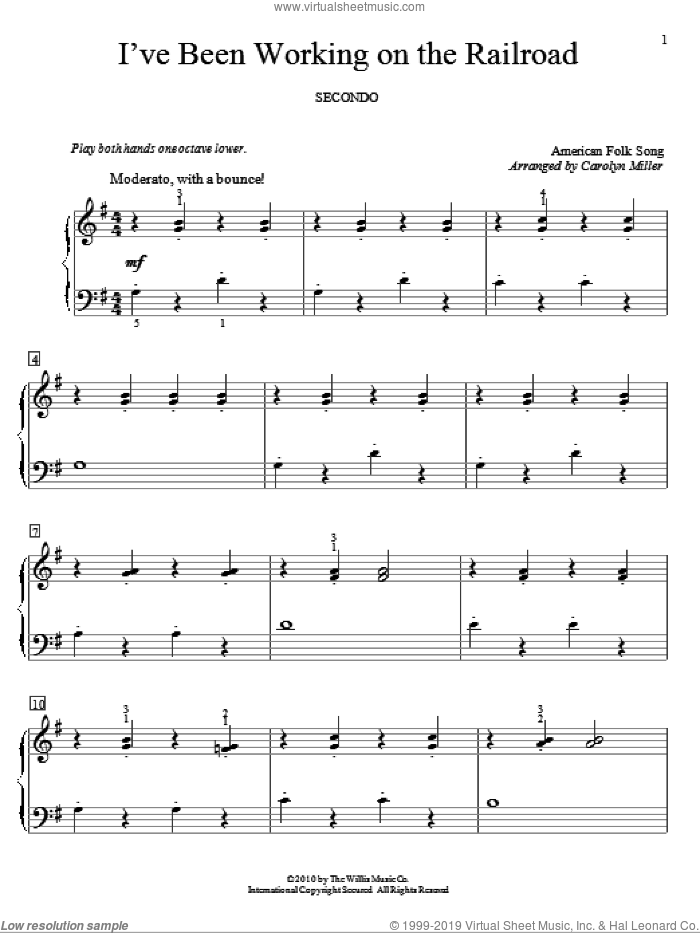I've Been Working On The Railroad sheet music for piano four hands  and Carolyn Miller, intermediate skill level
