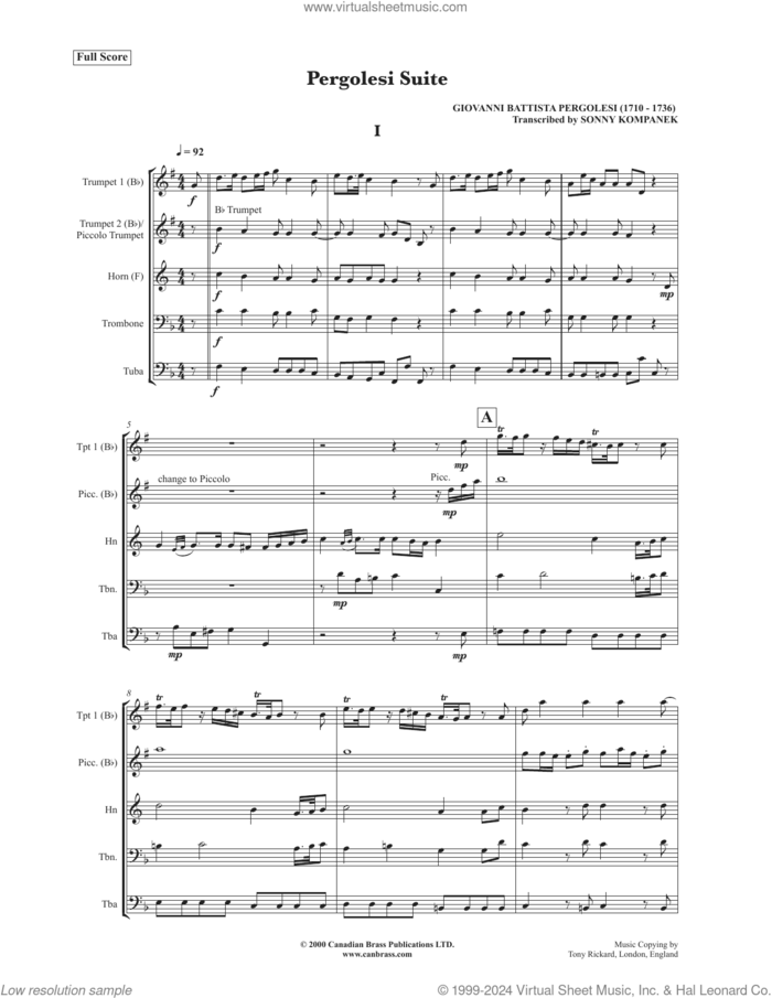 Pergolesi Suite (COMPLETE) sheet music for brass quintet by Canadian Brass, Giovanni Battista Pergolesi and Sonny Kompanek, classical score, intermediate skill level