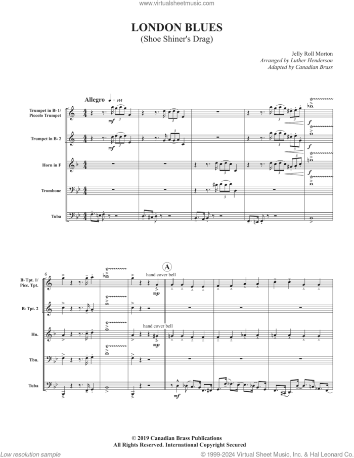 London Blues (COMPLETE) sheet music for brass quintet by Canadian Brass, Jelly Roll Morton and Luther Henderson, intermediate skill level