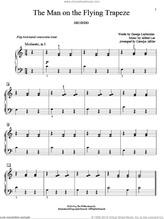 The Man On The Flying Trapeze sheet music for piano four hands by George Leybourne, Carolyn Miller and Alfred Lee, intermediate skill level