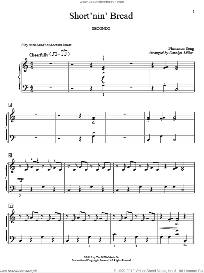 Short'nin' Bread sheet music for piano four hands  and Carolyn Miller, intermediate skill level