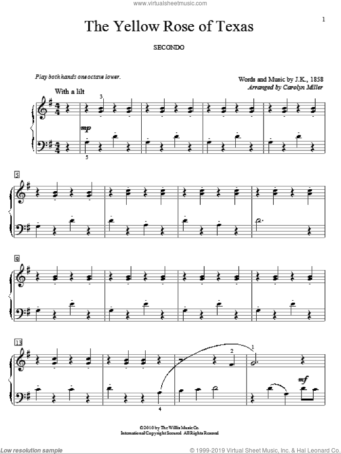The Yellow Rose Of Texas sheet music for piano four hands  and Carolyn Miller, intermediate skill level