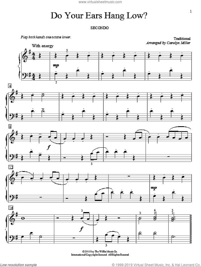 Do Your Ears Hang Low? sheet music for piano four hands  and Carolyn Miller, intermediate skill level