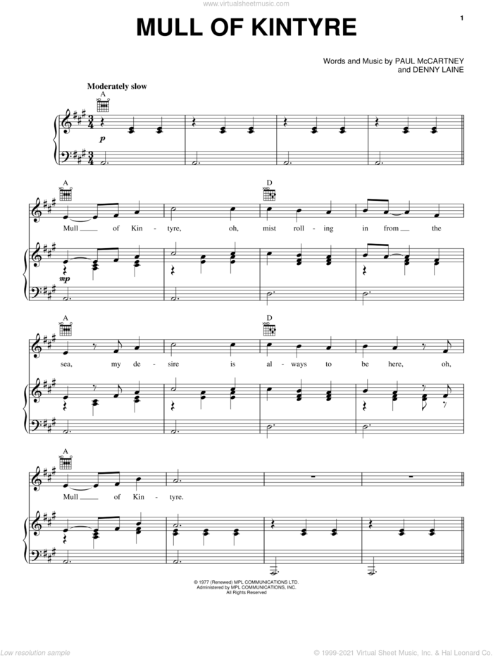 Mull Of Kintyre sheet music for voice, piano or guitar by Paul McCartney, Paul McCartney and Wings and Denny Laine, intermediate skill level