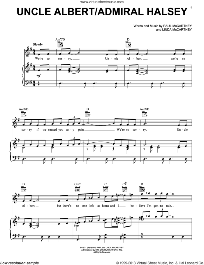 Uncle Albert / Admiral Halsey sheet music for voice, piano or guitar by Paul McCartney, Paul McCartney and Wings and Linda McCartney, intermediate skill level