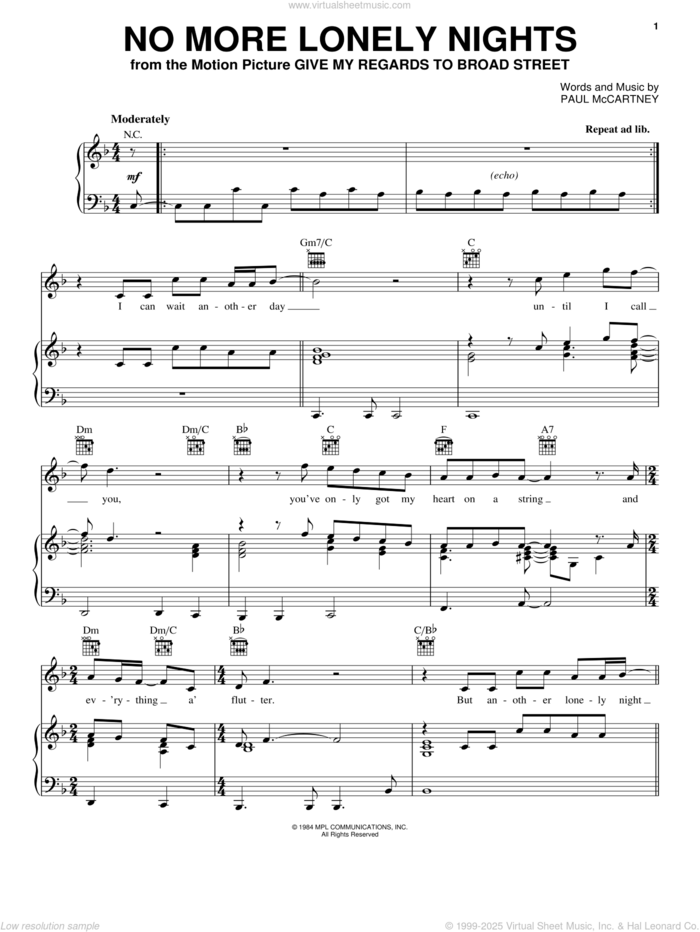 No More Lonely Nights sheet music for voice, piano or guitar by Paul McCartney, intermediate skill level