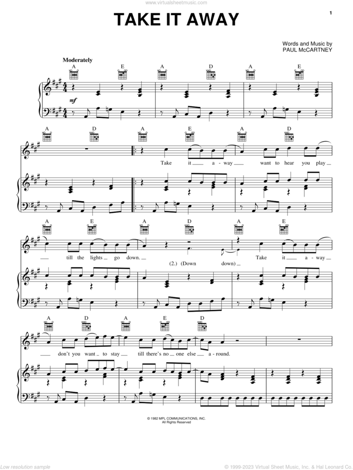 Take It Away sheet music for voice, piano or guitar by Paul McCartney, intermediate skill level