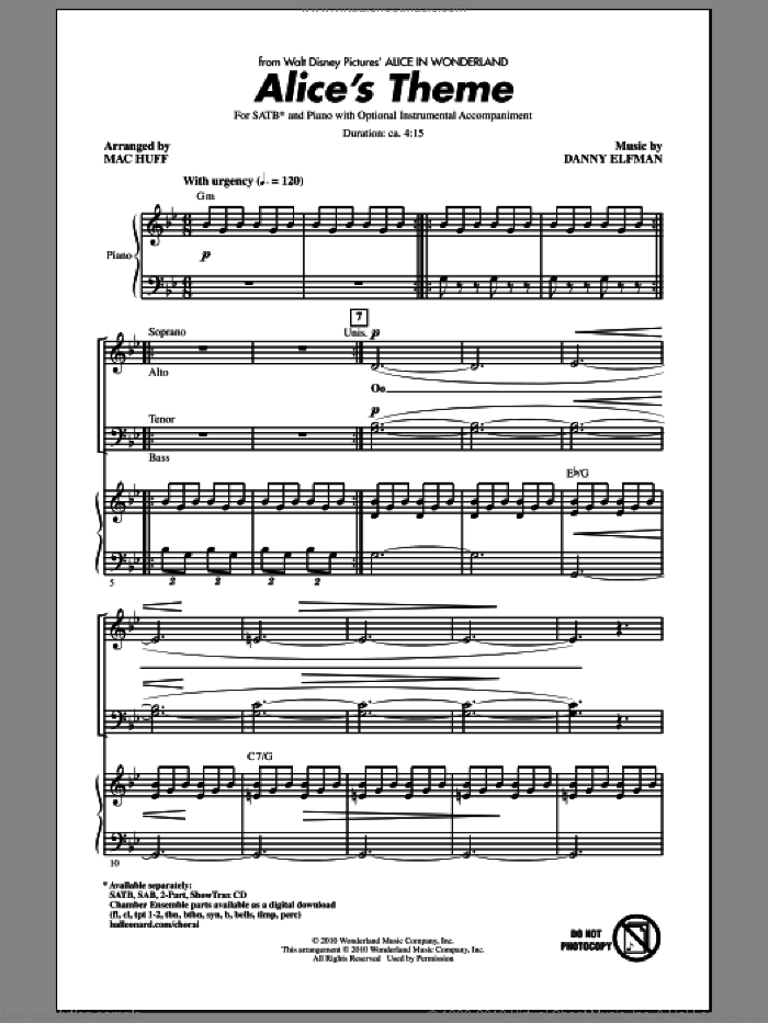 Alice's Theme (from Alice In Wonderland) (arr. Mac Huff) sheet music for choir (SATB: soprano, alto, tenor, bass) by Danny Elfman and Mac Huff, intermediate skill level