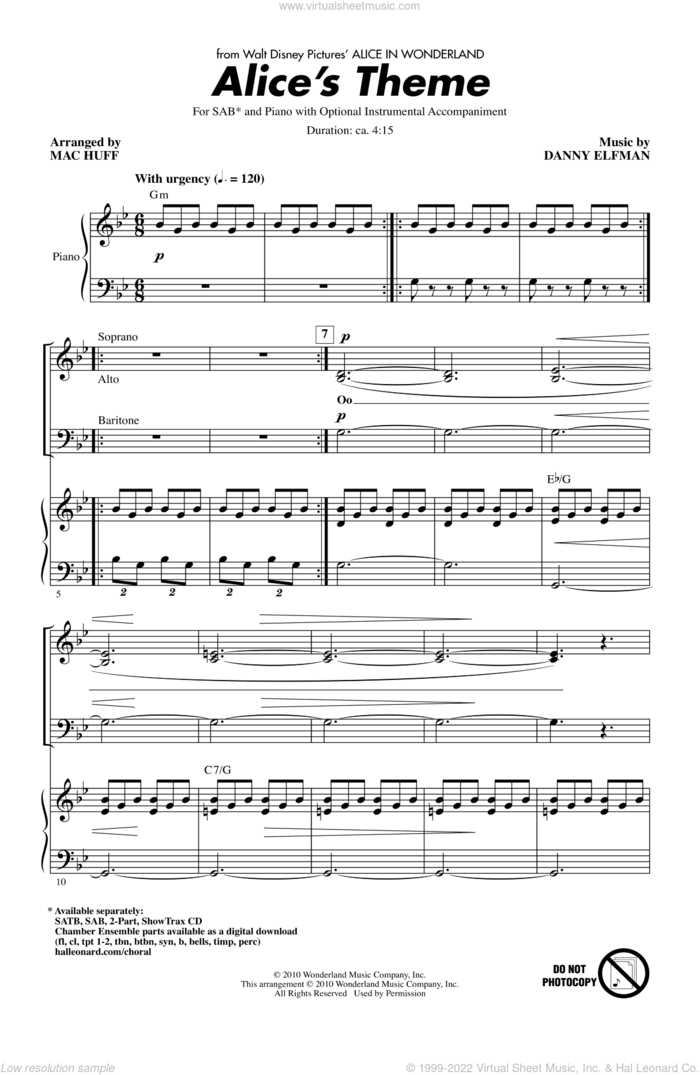 Alice's Theme (from Alice In Wonderland) (arr. Mac Huff) sheet music for choir (SAB: soprano, alto, bass) by Danny Elfman and Mac Huff, intermediate skill level