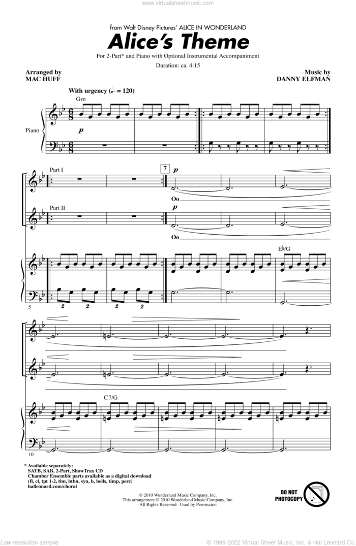 Alice's Theme (from Alice In Wonderland) (arr. Mac Huff) sheet music for choir (2-Part) by Danny Elfman and Mac Huff, intermediate duet