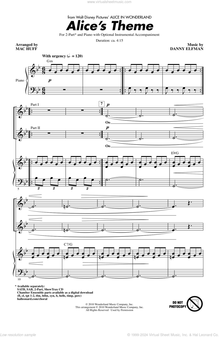 Alice's Theme (from Alice In Wonderland) (arr. Mac Huff) sheet music for choir (2-Part) by Danny Elfman and Mac Huff, intermediate duet