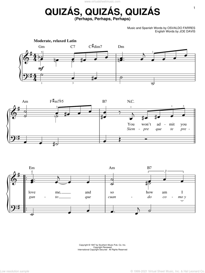 Quizas, Quizas, Quizas (Perhaps, Perhaps, Perhaps), (easy) sheet music for piano solo by Osvaldo Farres and Joe Davis, easy skill level