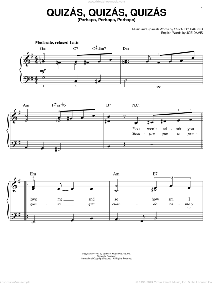 Quizas, Quizas, Quizas (Perhaps, Perhaps, Perhaps), (easy) sheet music for piano solo by Osvaldo Farres and Joe Davis, easy skill level