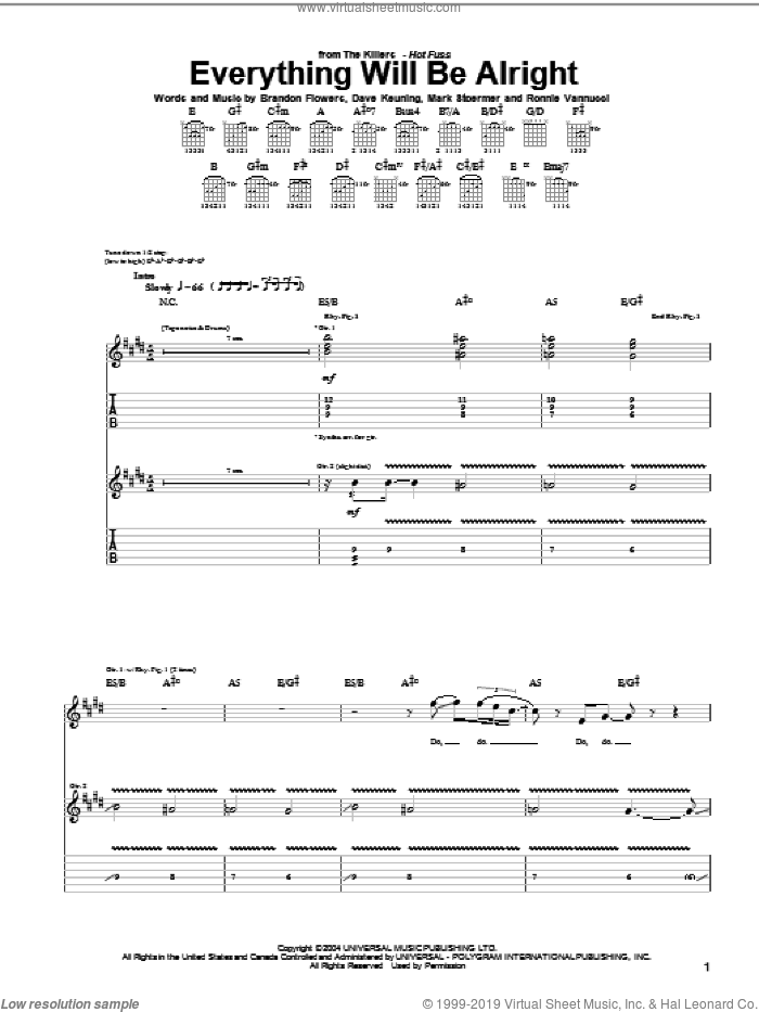 Everything Will Be Alright sheet music for guitar (tablature) by The Killers, Brandon Flowers, Dave Keuning, Mark Stoermer and Ronnie Vannucci, intermediate skill level