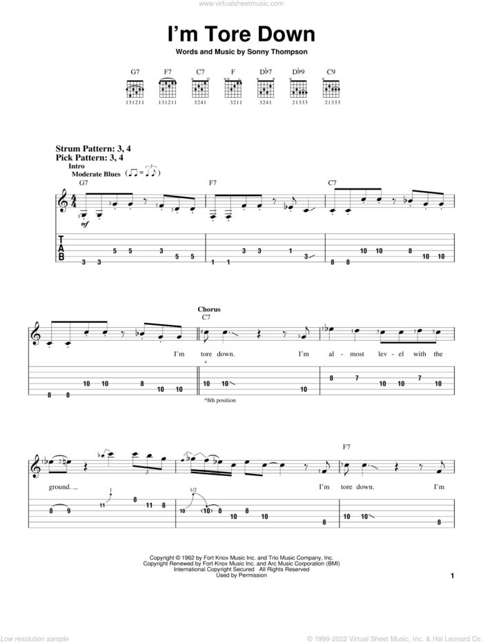 I'm Tore Down sheet music for guitar solo (easy tablature) by Eric Clapton, Freddie King and Sonny Thompson, easy guitar (easy tablature)